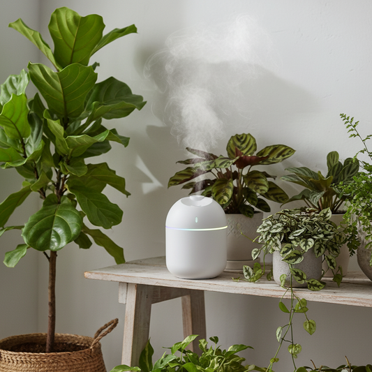 Un mini humidificateur blanc au design moderne, avec une bande lumineuse colorée à sa base, diffuse une fine brume. Il est posé sur un banc en bois clair, rustique et vieilli. Autour de lui, plusieurs plantes d'intérieur luxuriantes et variées sont disposées dans des pots en terre cuite ou en céramique : un grand Ficus lyrata dans un panier en osier à gauche, des Calatheas et d'autres plantes à feuillage vert et panaché sur le banc et en dessous.