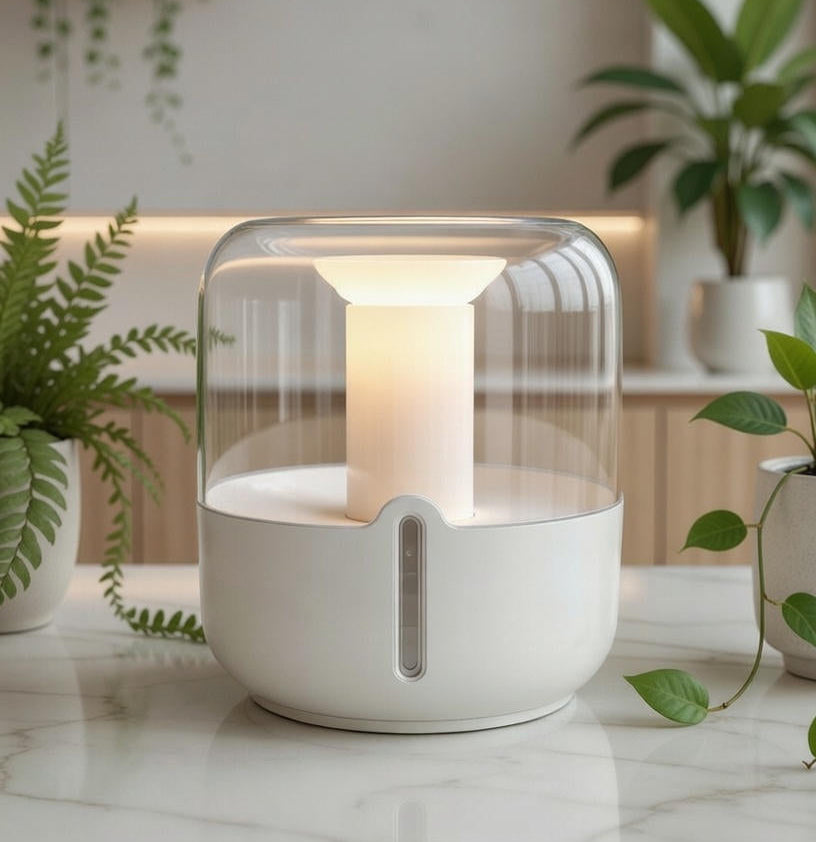 Humidificateur pour plantes sur un plan de travail dans une cuisine avec des plantes autour