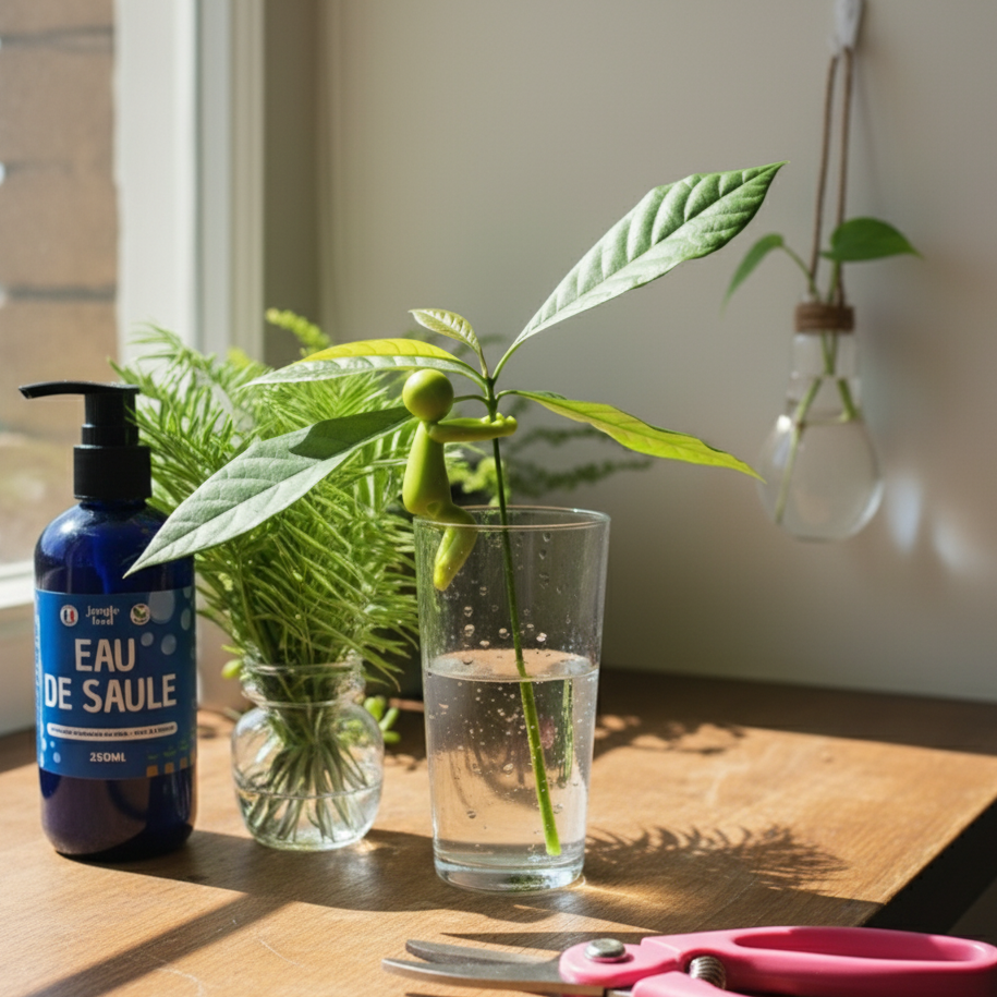 Une bouteille bleue de "Eau de Saule" (stimulant racinaire) est posée à côté d'un verre d'eau contenant une jeune plante d'avocatier avec un support de bouturage vert. Une paire de ciseaux de jardinage rose est placée devant le verre, et une petite plante bouturée est suspendue dans une ampoule en verre recyclée à l'arrière-plan. Le tout est disposé sur une table en bois clair près d'une fenêtre ensoleillée.