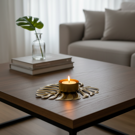 Porte-bougie doré en forme de feuille de Monstera avec une bougie chauffe-plat allumée, posé sur une table basse en bois dans un salon moderne et lumineux.