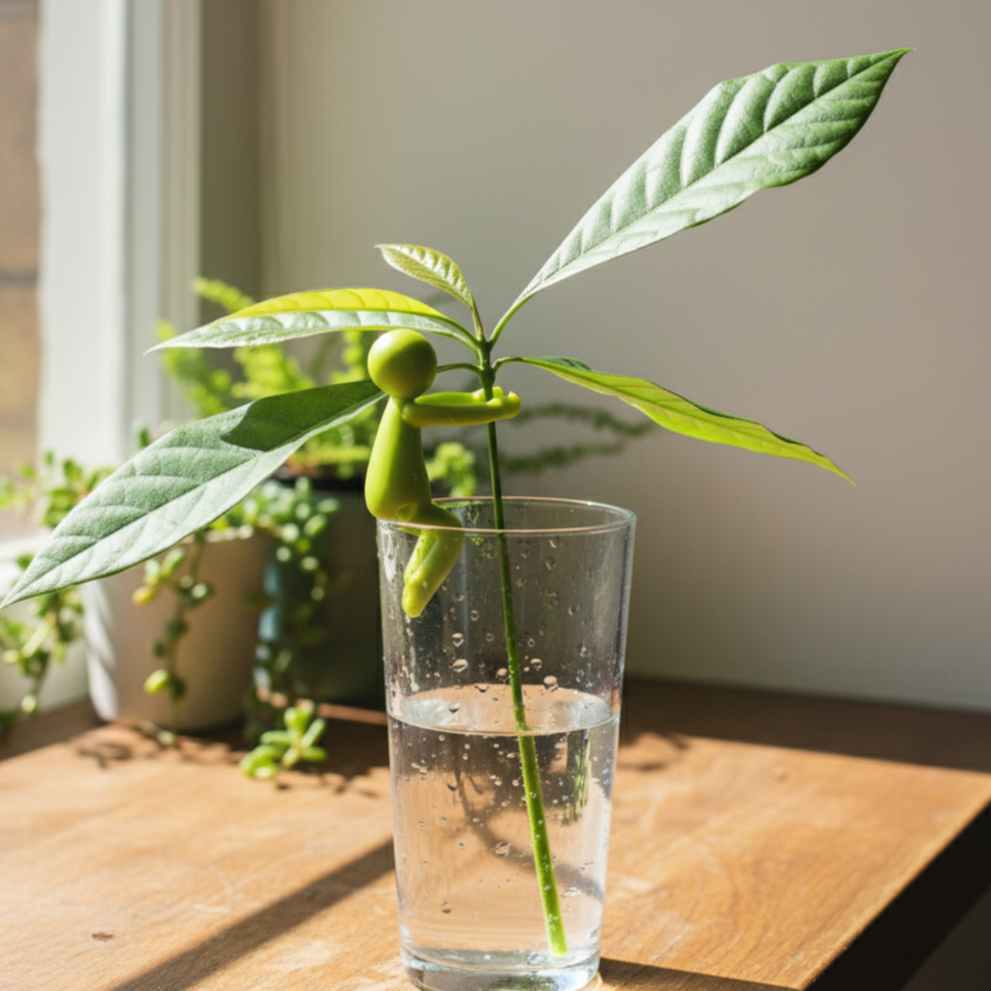 Un petit personnage vert en plastique soutient une jeune plante dans un verre d'eau, posé sur une étagère en bois.