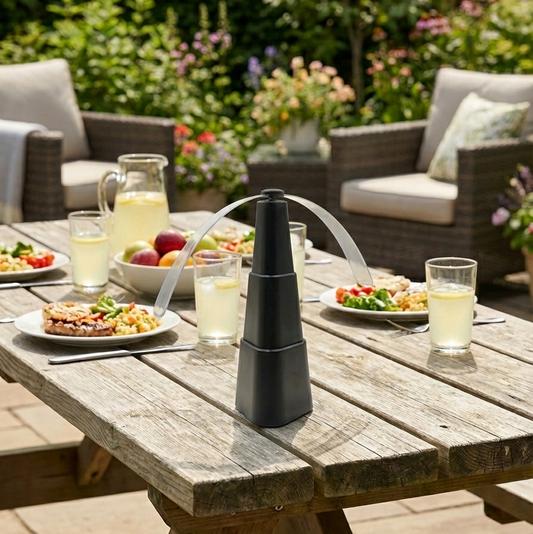 Répulsif à Mouches Rotatif mise en situation sur table exterieur en bois avec assiettes et verres
