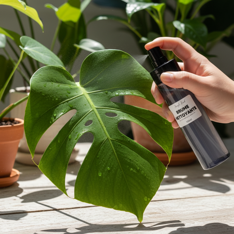 brume nettoyante plantes jungle feed qui nettoie une feuille de monstera