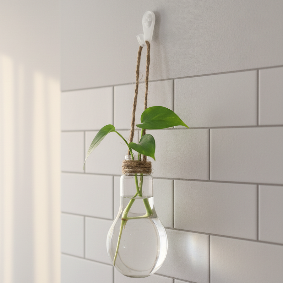 Idée cadeau plante : mini vase terrarium en verre ampoule avec corde, parfait pour bouturage sur mur carrelage blanc métro.