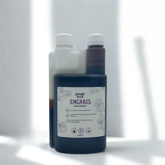 Flacon d'engrais liquide pour orchidées, posé à côté d'une plante en pleine floraison. Ce produit est un excellent soin pour assurer la santé et la beauté des fleurs