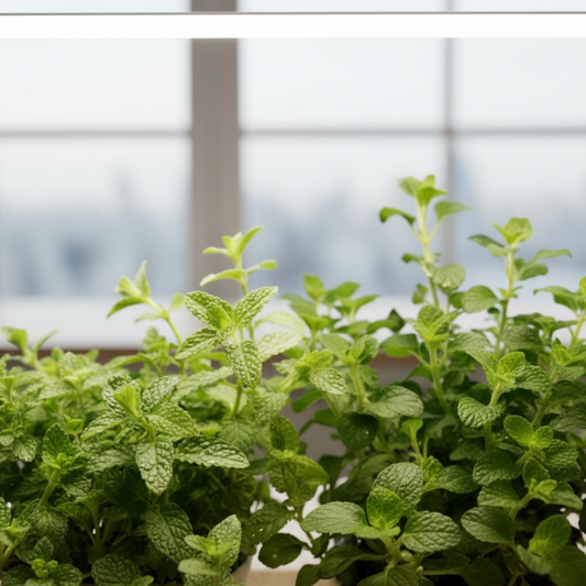Gros plan sur un pot de menthe verte poussant sous une lampe de croissance LED. Les feuilles de menthe sont fraîches et vibrantes, montrant une croissance saine.