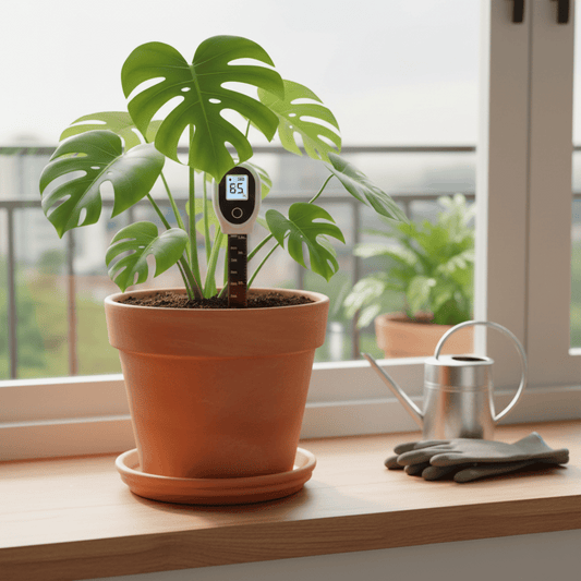 Humidimètre de sol numérique inséré dans un pot en terre cuite d'une Monstera pour mesurer l'humidité.