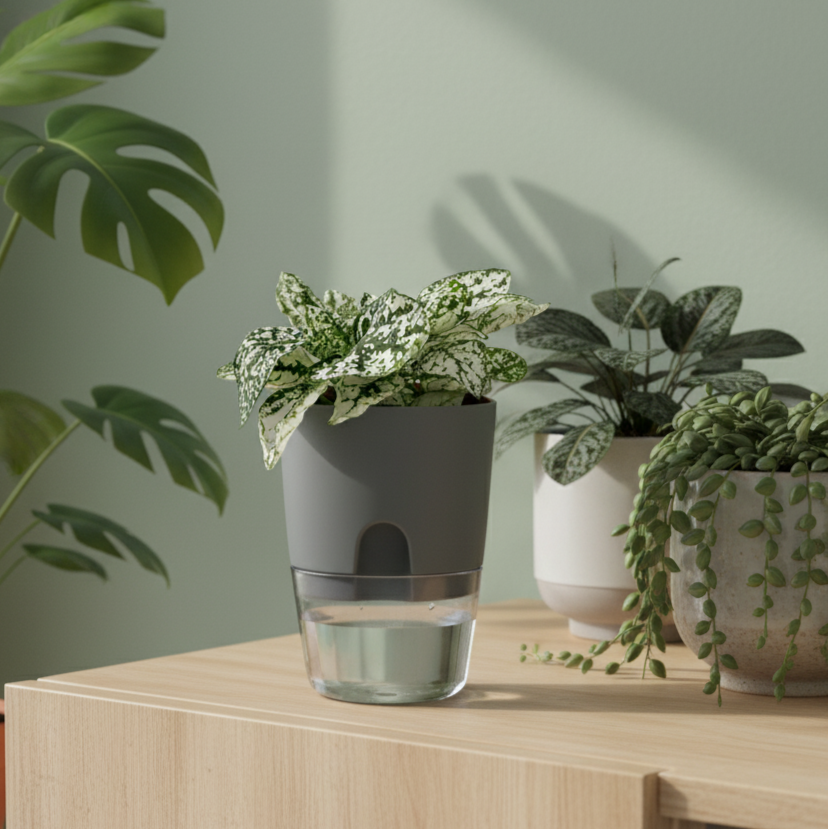 Pot de fleur Hypoestes gris sur un meuble en bois avec d'autres plantes d'intérieur, pour un décor végétal et moderne.