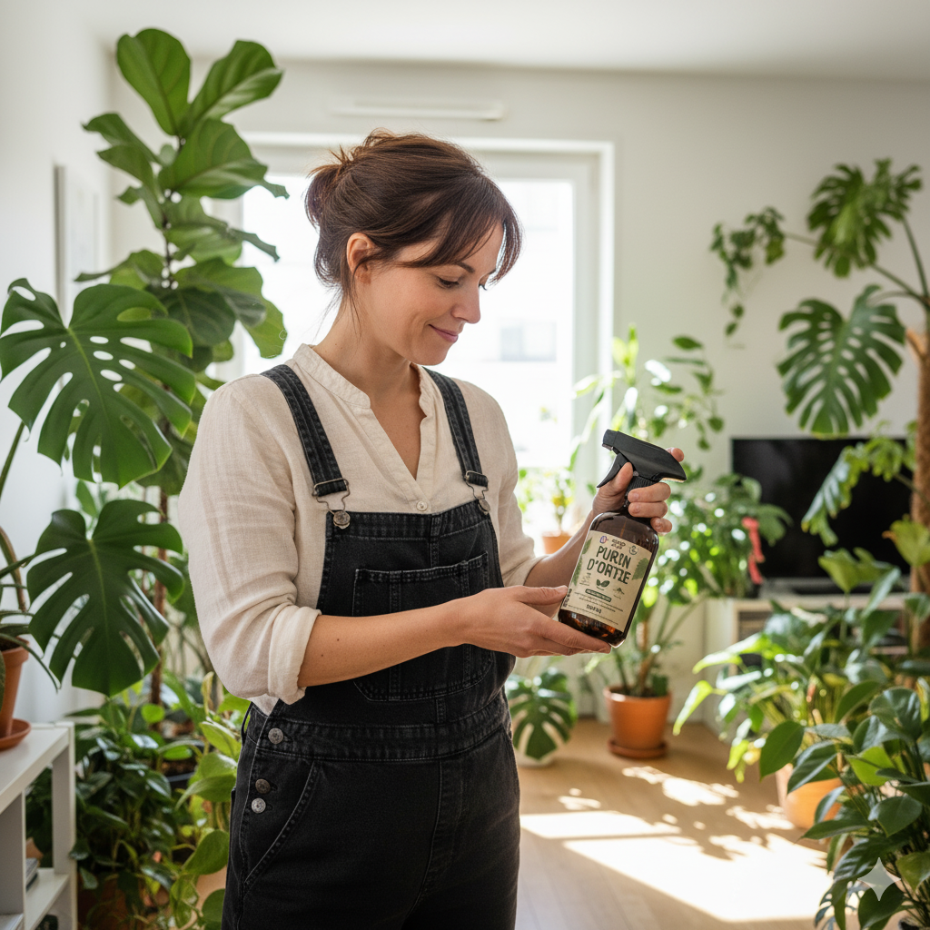 femme tenant le purin d'ortie jungle feed dans un appartement avec des plantes d'intérieur