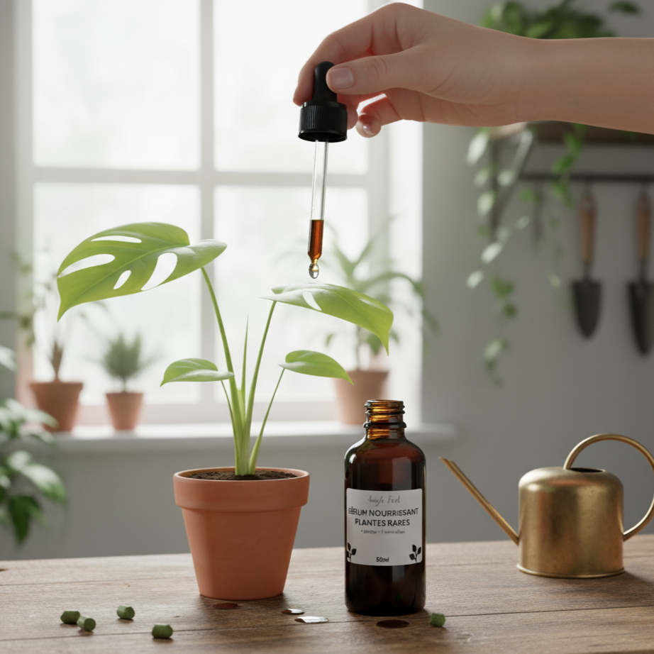 Goutte de sérum nourrissant 50ml
"Jungle Feed" tombant du compte-gouttes dans le pot d'une jeune plante Monstera.