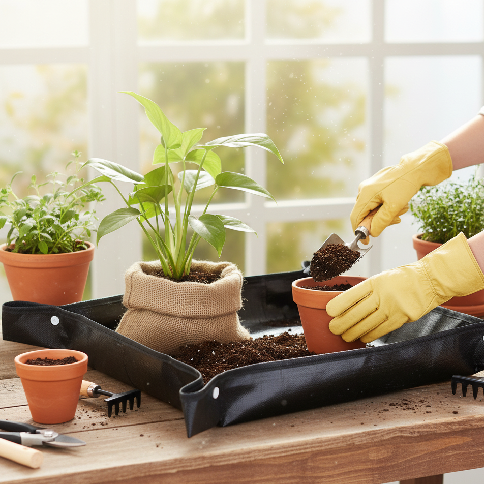 Personne rempotant une plante sur un tapis de rempotage noir, avec de la terre et des pots, près d'une fenêtre.