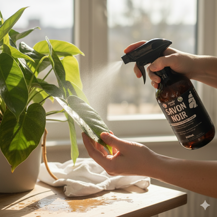 Un flacon pulvérisateur brun foncé de 'Jungle Feed Savon Noir' est posé sur une surface blanche, avec des ombres marquées provenant d'une fenêtre