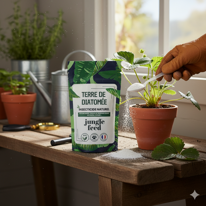 Une main gantée saupoudre de la terre de diatomée blanche de Jungle Feed sur une plante de fraisier en pot sur une table en bois. Le sachet vert et blanc de 'TERRE DE DIATOMÉE