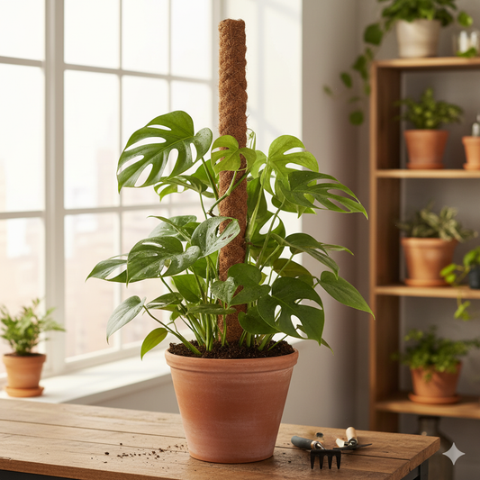 Deux emballages ouverts d'engrais en bâtonnets de Jungle Feed, avec des bâtonnets noirs visibles sur un socle en bois. Des plantes en pot sont en arrière-plan.
