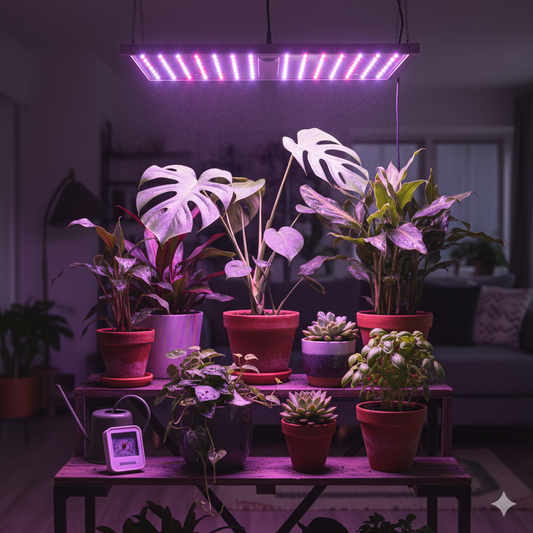 plantes sous une lumière LED de croissance, créant une ambiance propice à la culture en intérieur