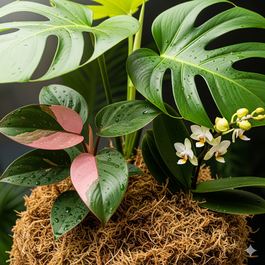 Plantes tropicales (Monstera, Philodendron rose, orchidée blanche) poussant dans de la sphaigne humide.