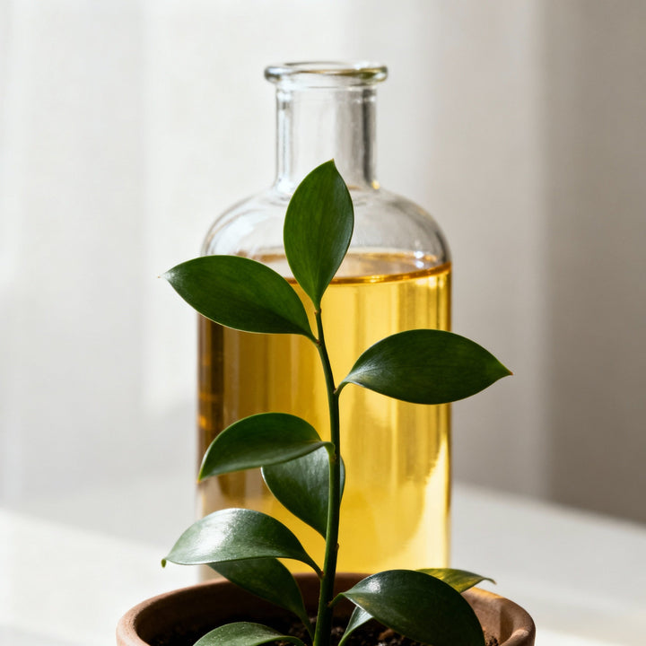 Huile de neem posée à côté d'une plante d'intérieur, style épuré
