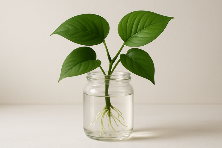 une bouture de pothos dans un pot en verre avec de l'eau 