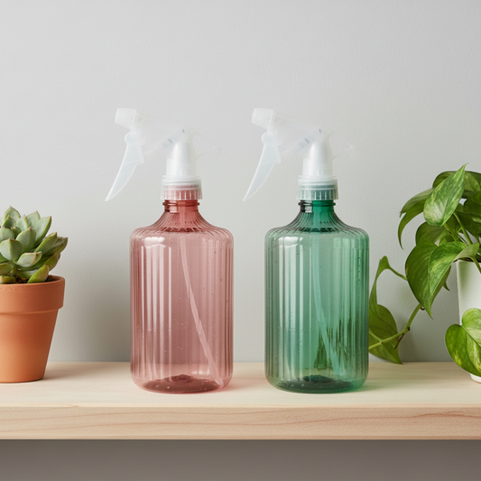 Pulvérisateur vert et rose posé sur étagère bois clair, entouré de plantes d'intérieur. Décoration jungle urbaine.