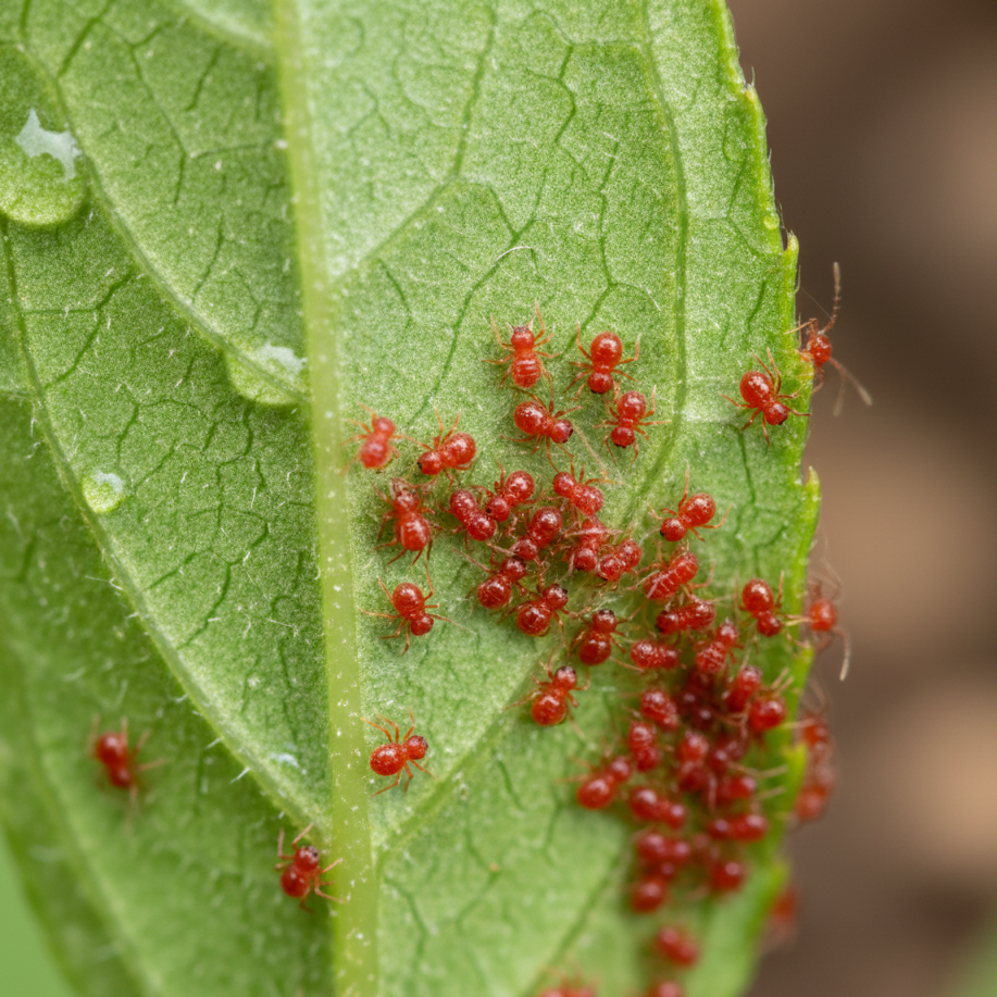 Gros plan d'une feuille verte couverte d'une colonie de nombreuses petites araignées rouges (acariens).