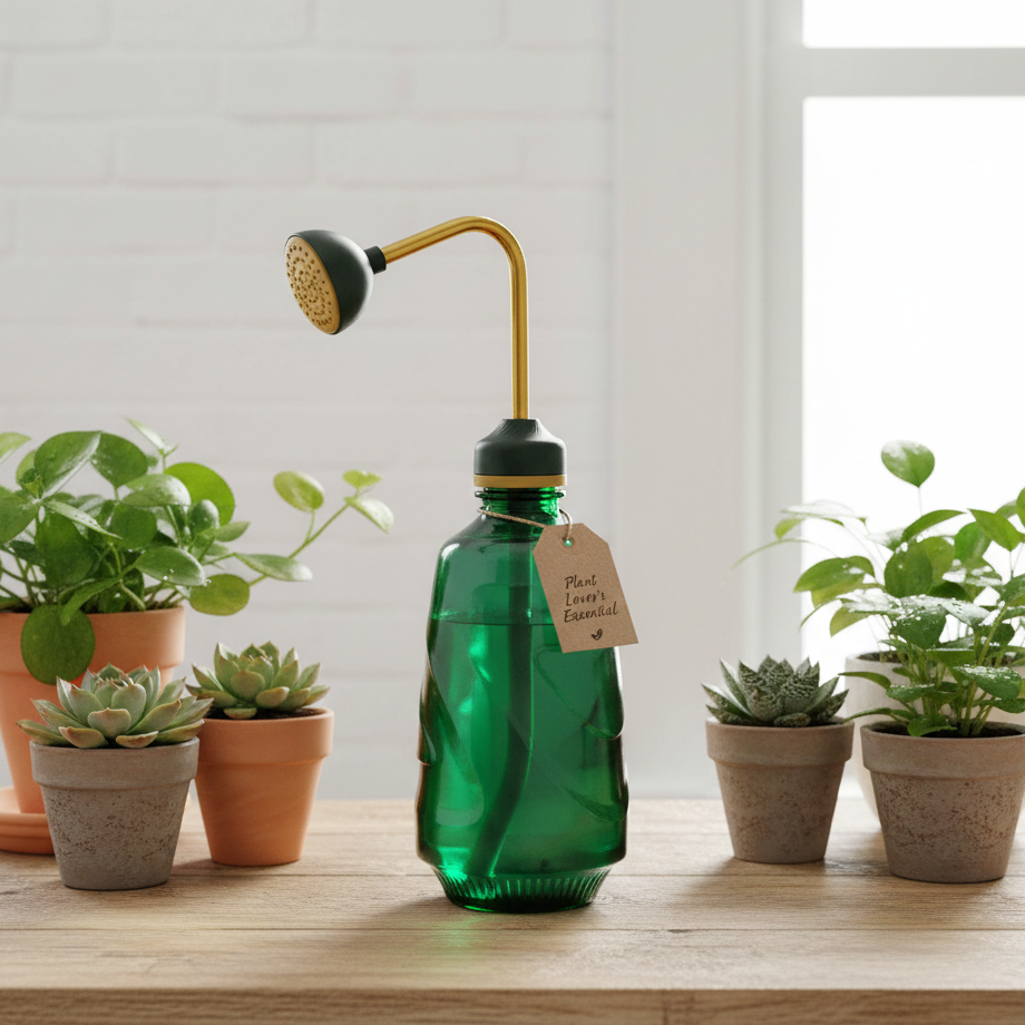 Bouteille d'arrosage verte en plastique de 500 ml avec un bec verseur long et coudé de couleur or, idéale pour un arrosage ciblé des plantes d'intérieur, des succulentes ou des bonsaïs.