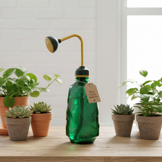 Bouteille d'arrosage verte en plastique de 500 ml avec un bec verseur long et coudé de couleur or, idéale pour un arrosage ciblé des plantes d'intérieur, des succulentes ou des bonsaïs.