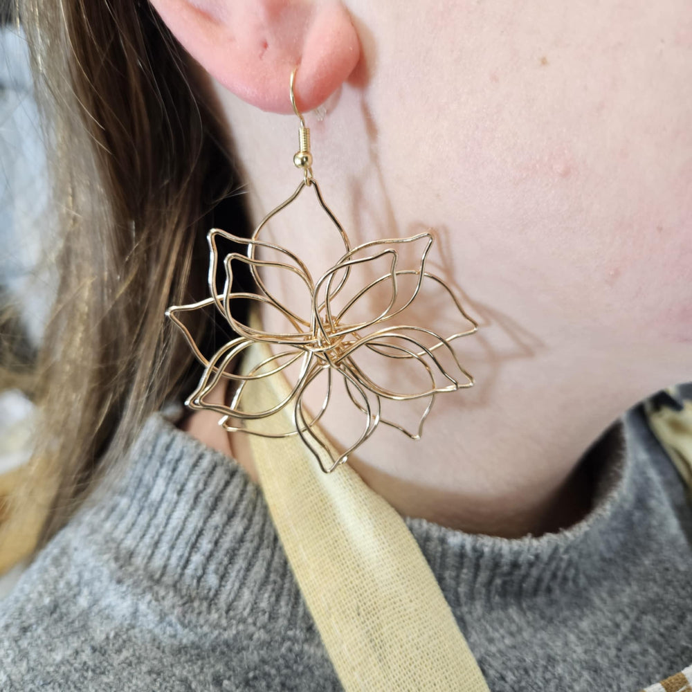 boucle d'oreille en forme de fleur couleur or portée par une femme