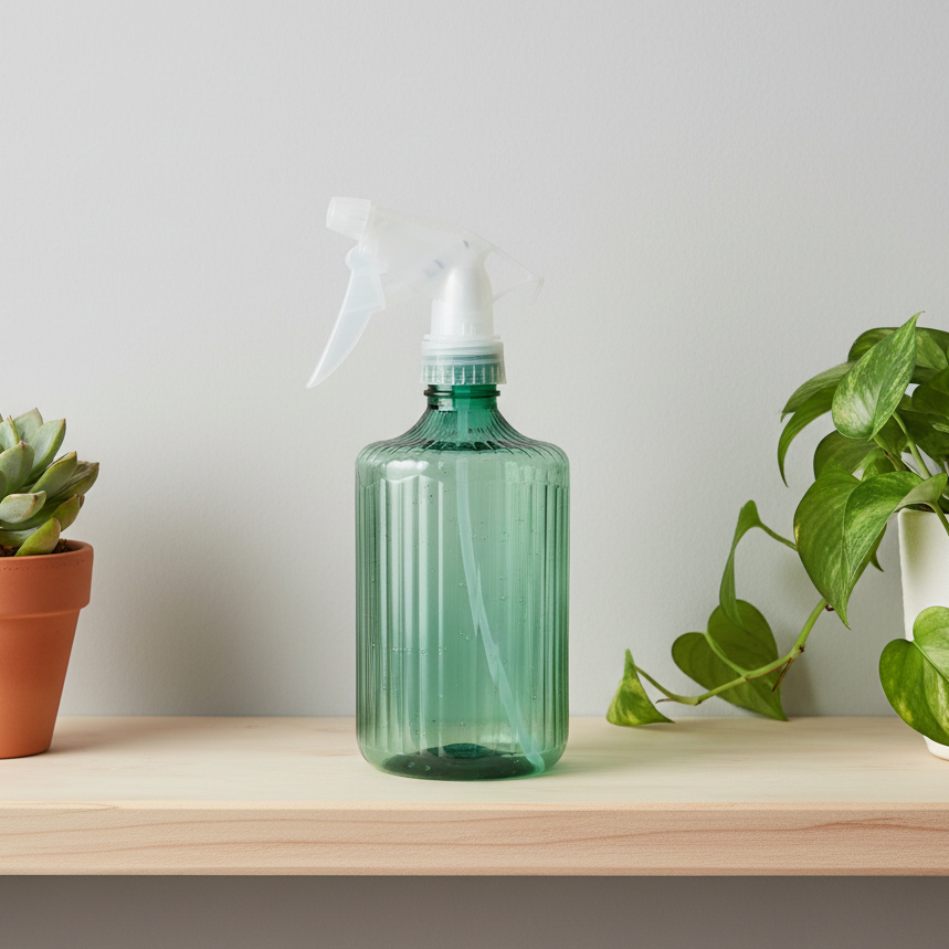 Pulvérisateur vert posé sur étagère bois clair, entouré de plantes d'intérieur. Décoration jungle urbaine.