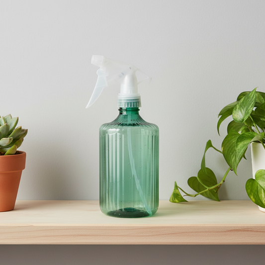 Pulvérisateur vert posé sur étagère bois clair, entouré de plantes d'intérieur. Décoration jungle urbaine.