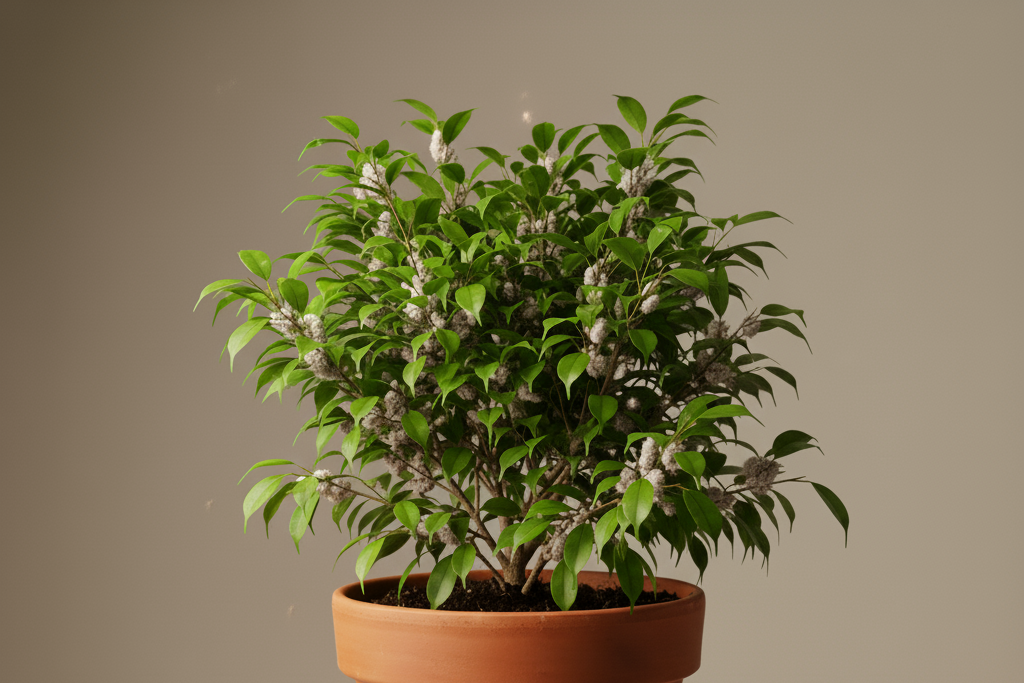 Photographie de studio d'un grand Ficus Benjamina en pot, avec de nombreuses feuilles vertes et un tronc visible. La plante est visiblement infestée de cochenilles farineuses, qui apparaissent comme des masses cotonneuses blanches et duveteuses regroupées sur les tiges, sous les feuilles et à l'aisselle des feuilles. Le pot en terre cuite repose sur un socle blanc sur un fond beige uni.