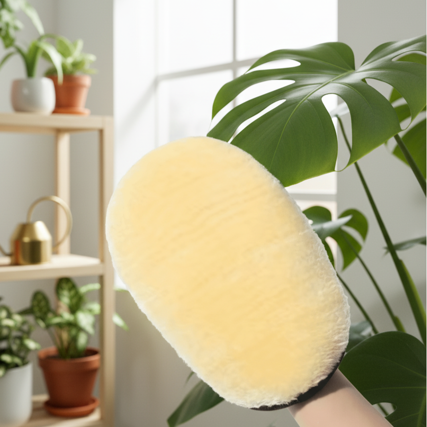 Brosse de nettoyage pour plante avec une monstera en fond ainsi qu'une étagère avec des plante 
