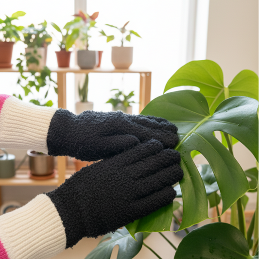 Des mains portant les gants de nettoyage en microfibre noirs, nettoyant délicatement une grande feuille de Monstera, dans un intérieur lumineux et chic avec plusieurs autres plantes vertes sur des étagères en bois clair, ambiance zen.