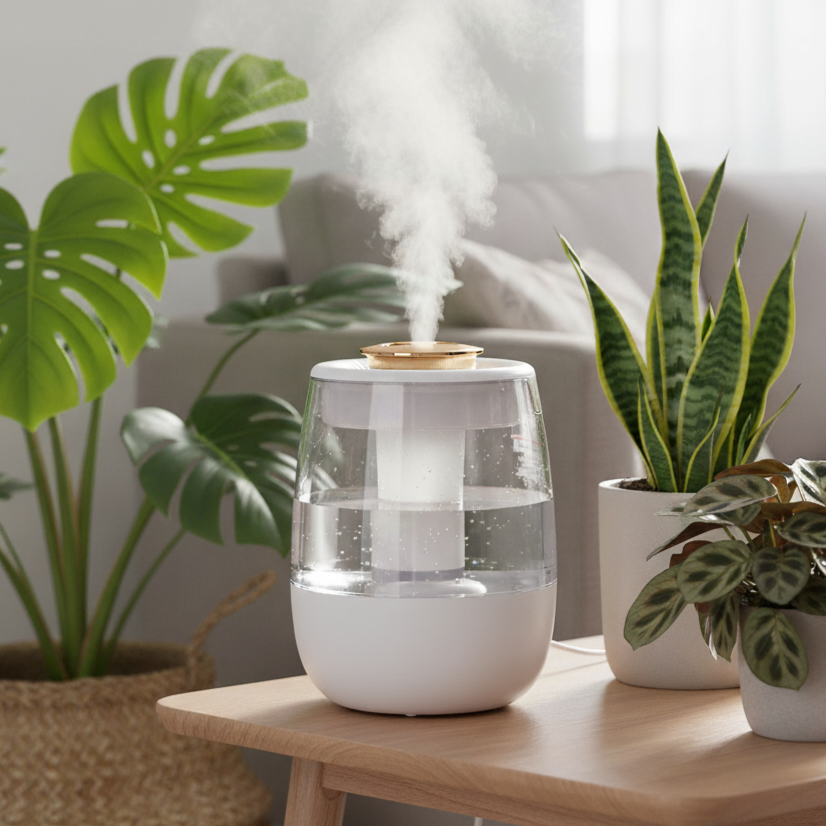Un humidificateur d'air moderne et transparent, de forme ovale et de couleur blanche avec des détails dorés, est posé sur une table en bois clair. Un jet de vapeur s'en échappe par le haut. Il est placé entre plusieurs plantes d'intérieur, dont un grand Monstera dans un panier tressé à gauche et un Sansevieria et une Calathea dans des pots gris à droite. Le fond montre un intérieur lumineux et contemporain avec un canapé gris flou.