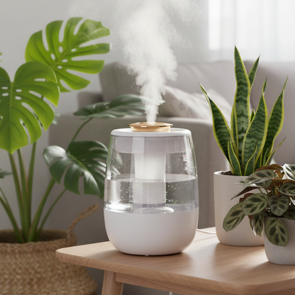 Un humidificateur d'air moderne et transparent, de forme ovale et de couleur blanche avec des détails dorés, est posé sur une table en bois clair. Un jet de vapeur s'en échappe par le haut. Il est placé entre plusieurs plantes d'intérieur, dont un grand Monstera dans un panier tressé à gauche et un Sansevieria et une Calathea dans des pots gris à droite. Le fond montre un intérieur lumineux et contemporain avec un canapé gris flou.