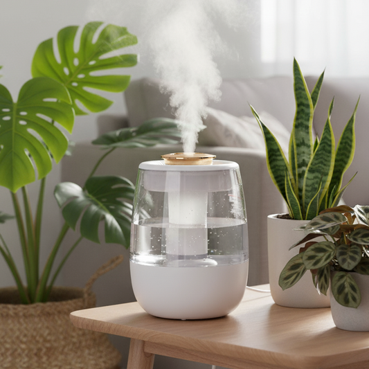 Un humidificateur d'air moderne et transparent, de forme ovale et de couleur blanche avec des détails dorés, est posé sur une table en bois clair. Un jet de vapeur s'en échappe par le haut. Il est placé entre plusieurs plantes d'intérieur, dont un grand Monstera dans un panier tressé à gauche et un Sansevieria et une Calathea dans des pots gris à droite. Le fond montre un intérieur lumineux et contemporain avec un canapé gris flou.