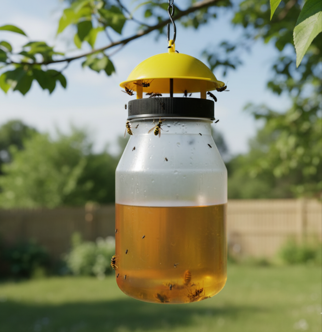 Piège à guêpes et mouches jaune et transparent, contenant un liquide orange et plusieurs insectes piégés, suspendu à une branche d'arbre dans un jardin ensoleillé.