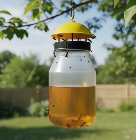 Piège à guêpes et mouches jaune et transparent, contenant un liquide orange et plusieurs insectes piégés, suspendu à une branche d'arbre dans un jardin ensoleillé.