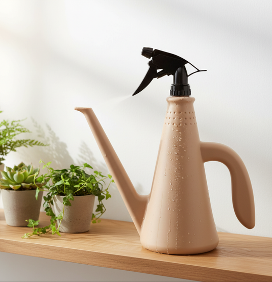 Arrosoir beige avec vaporisateur intégré sur une étagère en bois avec des plantes en arrière-plan.