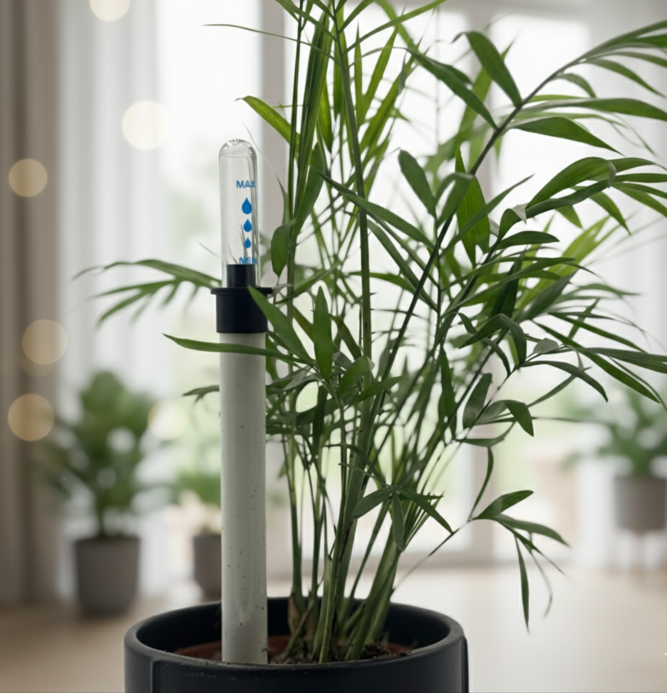 Gros plan sur un indicateur d'arrosage inséré dans un pot de palmier d'intérieur, avec un arrière-plan flou d'un intérieur lumineux et d'autres plantes.