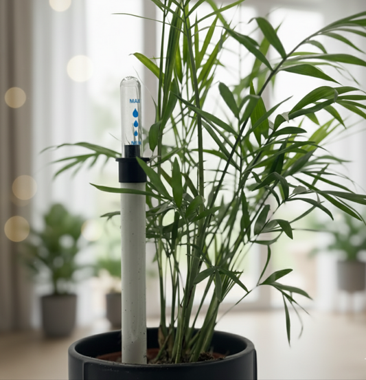 Gros plan sur un indicateur d'arrosage inséré dans un pot de palmier d'intérieur, avec un arrière-plan flou d'un intérieur lumineux et d'autres plantes.