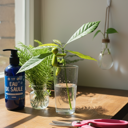 Une bouteille bleue de "Eau de Saule" (stimulant racinaire) est posée à côté d'un verre d'eau contenant une jeune plante d'avocatier avec un support de bouturage vert. Une paire de ciseaux de jardinage rose est placée devant le verre, et une petite plante bouturée est suspendue dans une ampoule en verre recyclée à l'arrière-plan. Le tout est disposé sur une table en bois clair près d'une fenêtre ensoleillée.