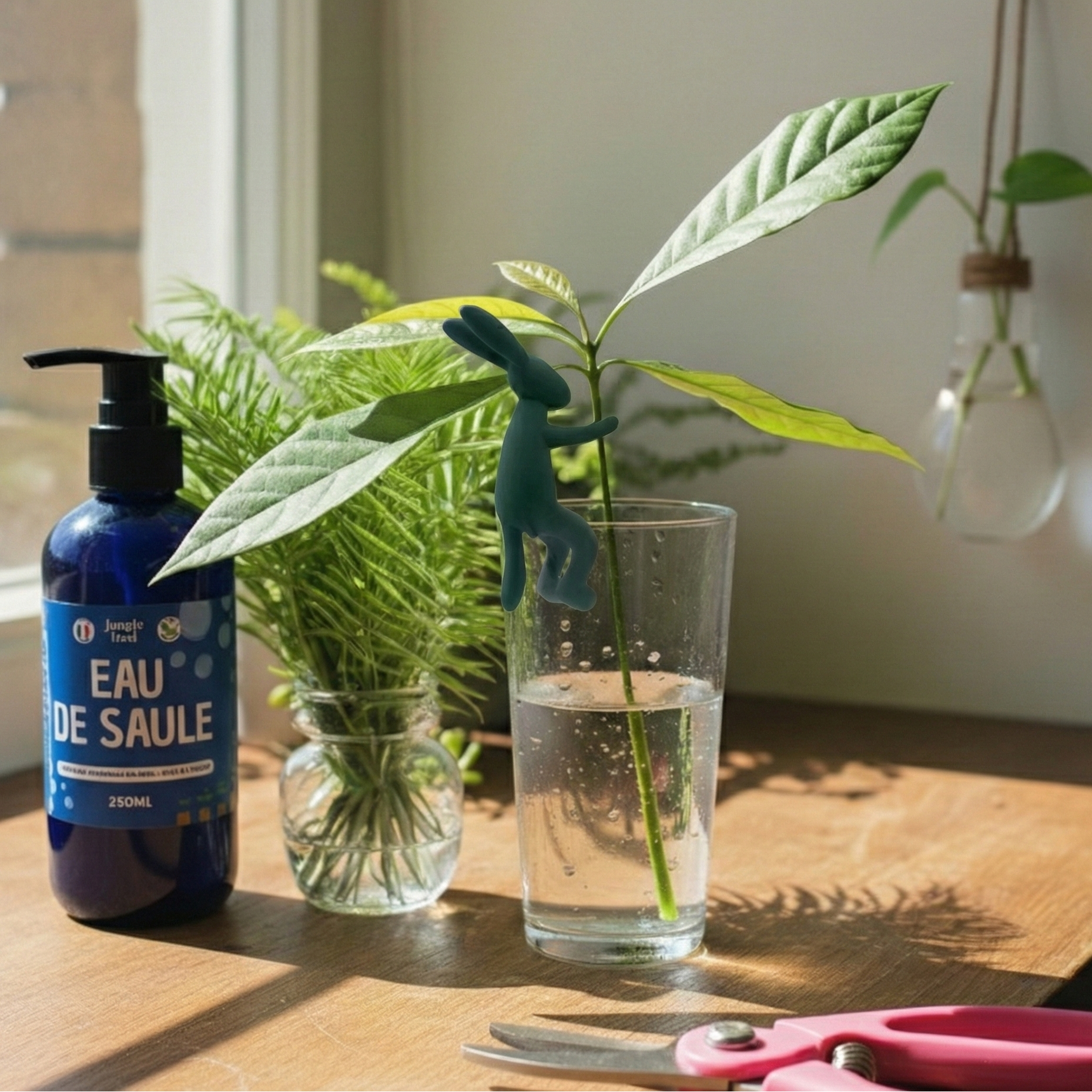 Scène de jardinage intérieur ensoleillée sur une table en bois, présentant le kit de bouturage Jungle Feed. Au centre, une jeune pousse d'avocatier dans un verre d'eau est agrippée par une petite figurine décorative en forme de lapin vert foncé. À gauche, une bouteille bleue d'hormone de bouturage naturelle étiquetée 'Eau de Saule - Jungle Feed'. Un sécateur rose et un petit vase de fougères sont en arrière-plan devant une fenêtre lumineuse.