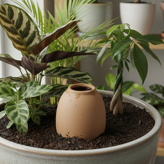 Un oyas en terre cuite de forme ovoïde est partiellement enterré au centre d'un grand pot de fleurs. L'oyas est rempli d'eau, et quelques gouttelettes sont visibles sur sa surface. Autour de lui, diverses plantes d'intérieur luxuriantes et vertes sont plantées dans un terreau sombre : un Calathea au premier plan avec des feuilles larges et panachées, et un Pachira tressé à droite. 