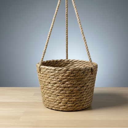 Panier suspendu en jute tressé uni de couleur naturelle (beige), avec un anneau en bois au sommet pour l'accrocher, posé sur une surface en bois. Le fond est un dégradé de gris foncé à clair.