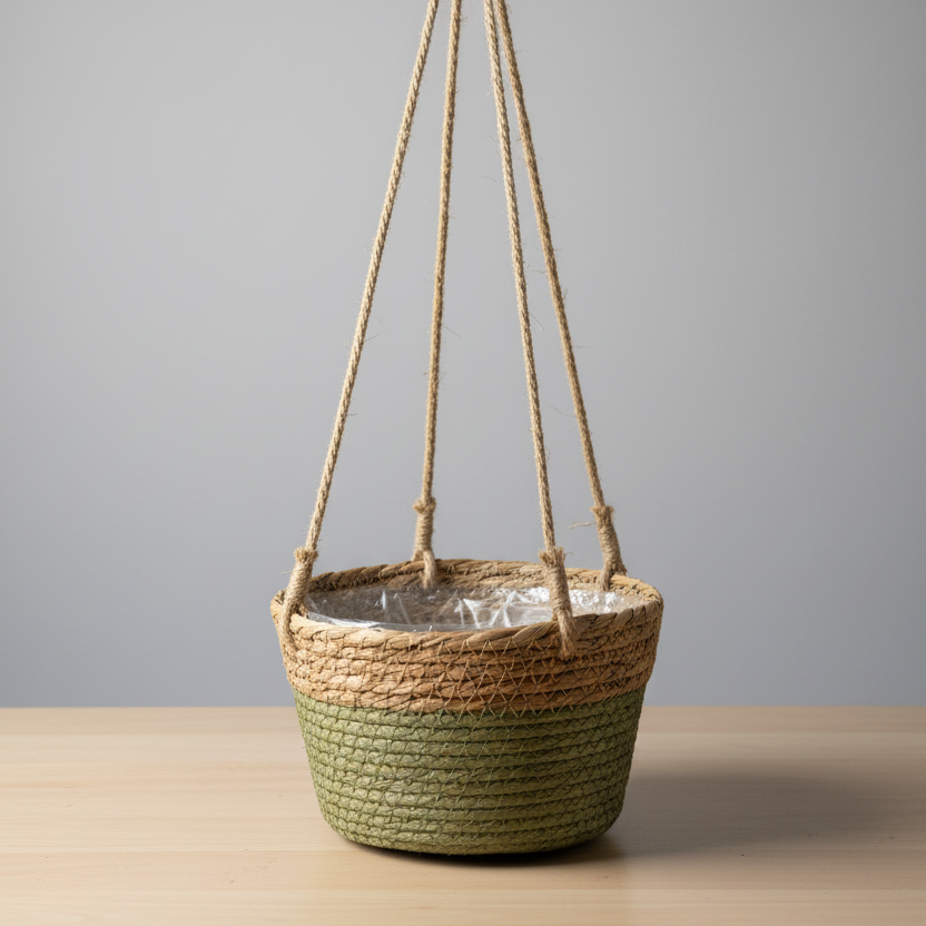 Panier tressé bicolore suspendu (vert olive et beige clair), avec une doublure en plastique transparent et trois cordes de jute le suspendant, posé sur une table en bois clair devant un mur gris uni.