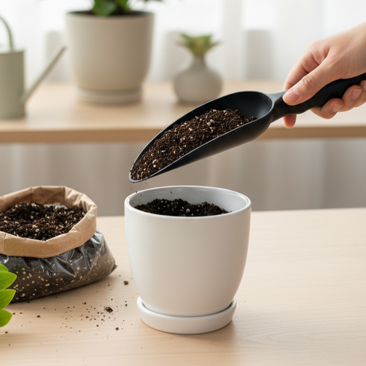  Une pelle en plastique noir, à la fois légère et durable, est posée sur un bloc de polystyrène blanc. L'image met en évidence le design simple et la finition de l'outil, idéal pour le rempotage et les petits travaux de jardinage. L'arrière-plan présente un mur aux tons de béton, créant un contraste visuel qui met en valeur le produit.