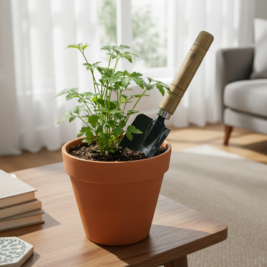 Petite pelle de jardinage en métal avec un manche en bois, plantée dans un pot de terre cuite avec une jeune plante verte, sur une table de salon