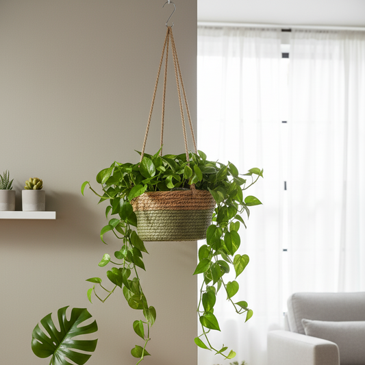 Grand panier suspendu bicolore (vert et beige) contenant une plante pothos luxuriante aux longues tiges retombantes dans un intérieur lumineux. Le panier est accroché près d'un mur gris clair, à côté d'une petite table d'appoint.