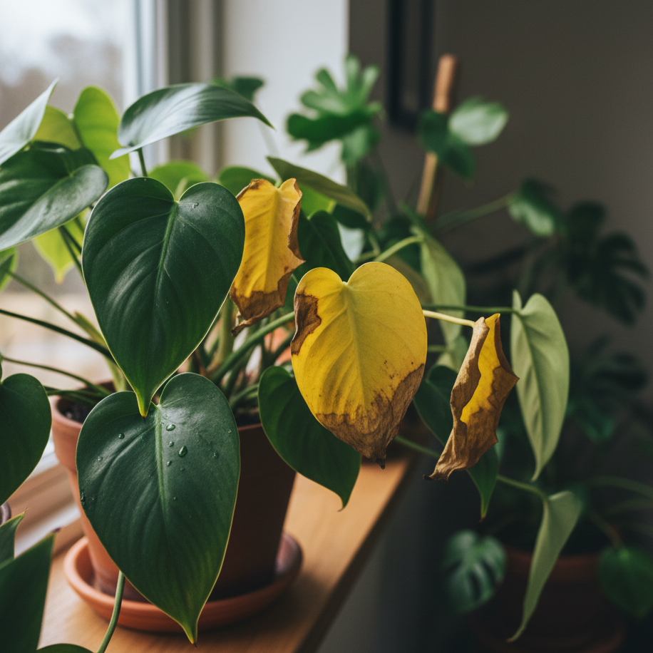 Image d'une plante d'intérieur avec des feuilles vertes saines et quelques feuilles jaunes et fanées, posée sur un rebord de fenêtre en bois, avec d'autres plantes en arrière-plan. Idéale pour illustrer des problèmes d'entretien des plantes ou leur cycle de vie.