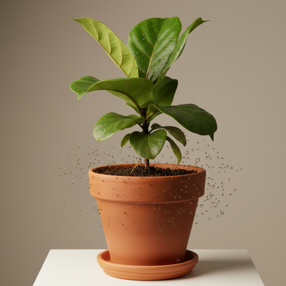Photographie de studio d'une jeune plante d'intérieur, un figuier lyre, dans un pot en terre cuite posé sur un socle blanc. Un essaim de moucherons de terreau vole autour de la base de la plante et de la surface du terreau, sur un fond uni de couleur beige.